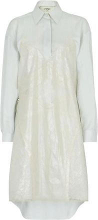 Fendi Zijden overhemdjurk met kantdetail - Dames - Shirt Kleedjes - Blauw - XS - Kleedjes
