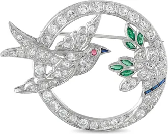 Luxury Bazaar Antique 18K White Gold 2.70ct Diamond and Emerald Bird Brooch MF01-062526