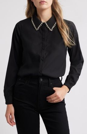 Nikki Lund Sylvi Rhinestone Collar Shirt in Black at Nordstrom, Size Medium