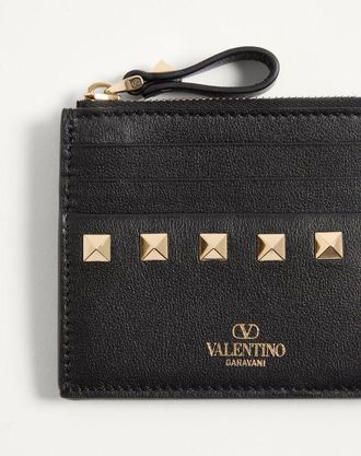 Valentino Garavani Portacarte Rockstud In Vitello Con Zip Donna NERO UNI