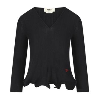 Fendi V-neck Knitwear, female, Black, Size: XS Ruffled Sweater