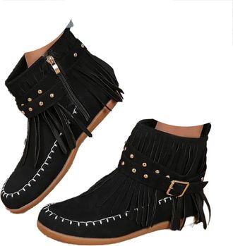 Generic Womens Boots Ankle Cowboy Boots For Women Short Wide Width Cowboy Booties Western Fringe Fashionable Outdoor Short With Zipper Round Toe Flats Winter 