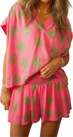 Adrienne Placket Shirred Sleeve Band Top In Summer Palms