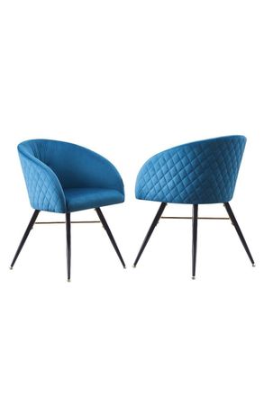 Life Interiors Set of 2 Vittorio Velvet Dining Chairs with Black Metal Legs, Quilted Design Modern Accent Chair in Blue