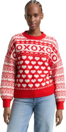 Tom Tailor Denim Strickpullover TOM TAILOR DENIM, Damen, Gr. XXL, rot wei&szlig;, Strick, Obermaterial: 62% Polyacryl, 25% Polyester, 10% Baumwolle, 3% Elasthan, bedruckt, b