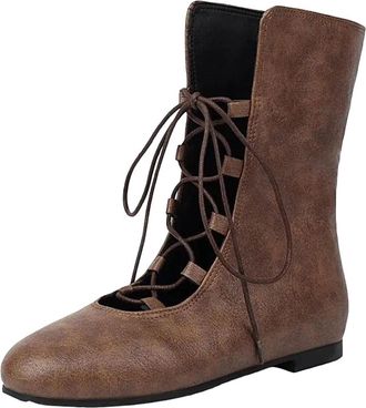 Generic Womens Retro Mid Calf Boots Round Toe Flat Heel Slip On Style With Decorative Lacing For Cosplay And Casual Wear