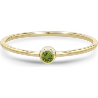 Zo&euml; Chicco 14K Gold Bezel Birthstone Stacking Ring in Yellow Gold/Peridot at Nordstrom, Size 6