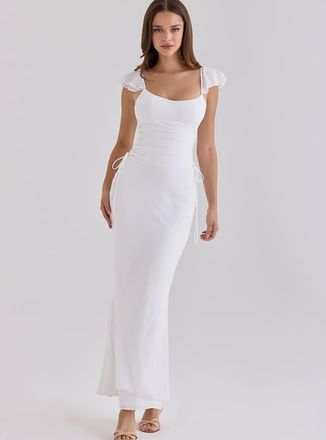 House of CB Viana vestito lungo in georgette bianco con maniche con volant