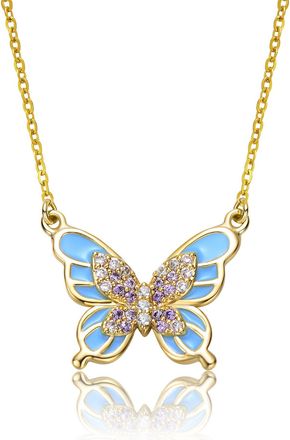 Rachel Glauber RG Young Adults/Teens 14k Yellow Gold Plated with Shades of Amethyst Cubic Zirconia Blue Enamel Butterfly Pendant Necklace