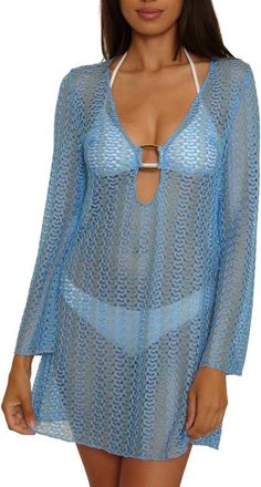 BECCA by Rebecca Virtue Metallic Long Sleeve Sheer Cover-Up Dress in Sky Blue at Nordstrom, Size Medium