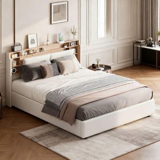 OEM Cama Lit 160x200 Led Blanca De Similcuero - Somier Incluido, Almacenamiento Hidr&aacute;ulico Y Cabecera Con Estante