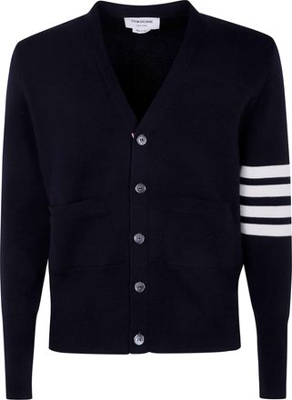 Thom Browne Milano Stitch V Neck Cardigan With 4 Bar In Fine Merino Wo