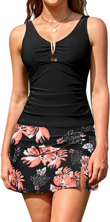 SHEKINI Womens Tankini Swimsuits with Skirt V Neck Top Tummy Control Skirted Bikini Bottom High Waisted Swimwear, Black Flower, Medium