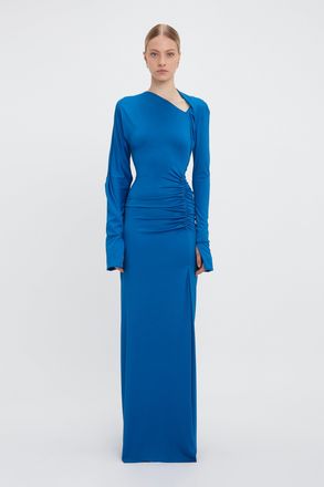 Victoria Beckham Long Sleeve Slash-Neck Jersey Floor-Length Gown In Ocean Blue 10
