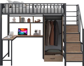 STILVORA Cama Alta 140 X 200 Cm Con Escritorio, Armario, Cajones, Led, Usb Y Tipo-c, Sin Colch&oacute;n, De Metal, Negro