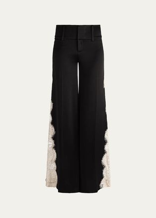 Alice & Olivia Olivia Lace-Trim Satin Wide-Leg Pants