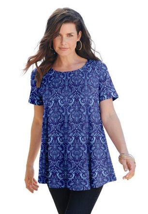 Roaman's Plus Size Ultimate Cotton Crewneck Short Sleeve Swing Tee in Blue Painted Medallion at Nordstrom, Size Medium