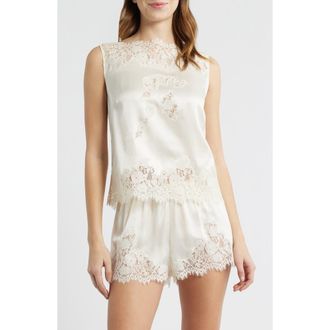 D&ocirc;en Viviane Lace Trim Silk Satin Top in Sea Salt at Nordstrom, Size Large