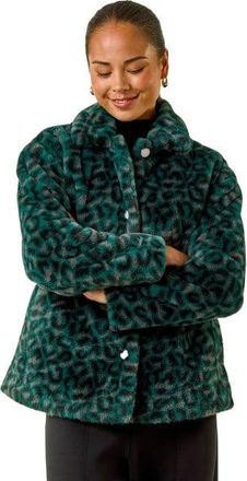 Roman Womens Petite Leopard Fur Coat - Green - Size 18 UK