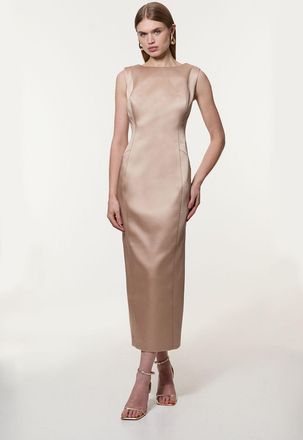 Karen Millen Womens Structured Viscose Satin Stitch Detail Tailored Pencil Maxi Dress - Champagne - Size 12 UK