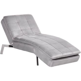 Beliani Chaise Longue De Terciopelo Gris Claro Plateado Respaldo Reclinable Capiton&eacute; Loiret