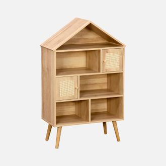 Sweeek Sweeek - Estanter&iacute;a Infantil Efecto Madera Y Ca&ntilde;a Con 2 Puertas, Boheme Kids, Natural, 60x30x100 Cm