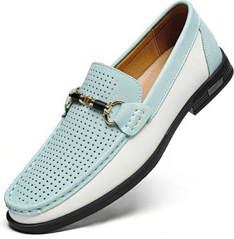 Generic Mens Leather Dress Loafers Classic Slip-on Penny Loafer Moccasins with Metal Buckle Two-Tone Casual Walking Business Driving Shoes (11.5,Blue Hollow)