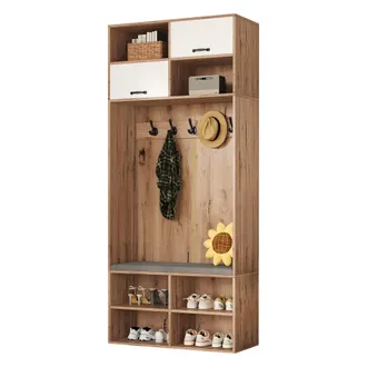 STILVORA Mobile Da Ingresso Con 2 Ante, 4 Vani, Panca, 5 Ganci E Led Per Ingresso, In Pannello Di Particelle, Bianco E Naturale