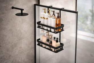 OEM Estante De Ducha Colgante De Doble Capa Negro - Cesta De Ducha Para Puerta O Pared - Organizador De Ba&ntilde;o Sin Necesidad De Taladrar