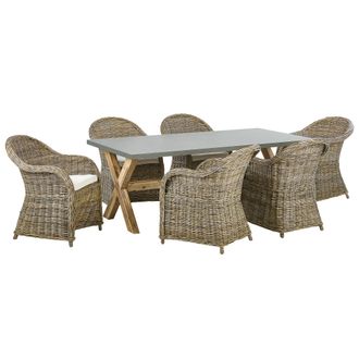 Beliani Conjunto De Comedor 6 Plazas De Rat&aacute;n Natural Gris Madera Clara Blanco Crema Hormig&oacute;n Cojines De Algod&oacute;n Jard&iacute;n Susua/olbia