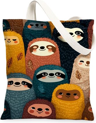 Generic Cute Sloth Canvas Tote Bags, Adorable Animal Pattern Reusable Grocery Bags, Fall Vintage Fun Lightweight Washable Shoulder, Multicolor, 13x15 Inch