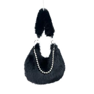 Generic Womens Plush Bags Faux Fur Womens Beaded Chain Underarm Bag Solid Color Plush Female Half Moon Shoulder Bags Winter Fluffy Hobos Handbags(Black)