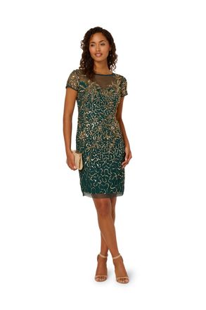 Adrianna Papell Womens Beaded Sheath Dress - Green - Size 16 UK