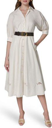 DKNY Embroidered Puff Sleeve Belted Cotton Shirtdress in Cream/Cream at Nordstrom, Size 10
