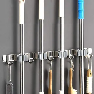 OEM Porta Scopa Da Parete, 4 Staffe + 5 Ganci, Nero, Porta Scopa Da Parete, Porta Scopa Da Parete, Sistema Di Stoccaggio Scope Da Parete Senza Foratura, P