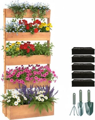 Relaxdays Relaxdays vertical planter, wood, HxWxD 180x80x48 cm, 5-box raised bed, tiered balcony & terrace planter, fleece liners