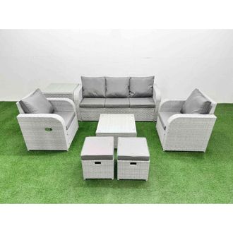 Fimous Fimous PE Rattan Garden Furniture Set Reclining Chair Sofa Lounge Sofa Set Square Coffee Table Side Table 2 Small Stools Light Grey