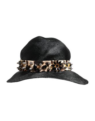 Dolce & Gabbana HAT9648 Studded Crystal-Embellished Straw Hat - Black