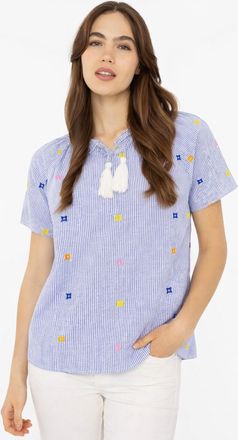 Zwillingsherz Kurzarmbluse ZWILLINGSHERZ Stripe & Stitch, Damen, Gr. L/XL, blau, Obermaterial: 100% Baumwolle, Blusen Kurzarmbluse, Kurzarm, mit Stickerei, Tunnelzu