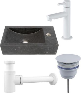 Saniclass Fuente fonteinset - 40x22 - 1 kraangat - rechts - natuursteen - fonteinkraan wit mat - donker