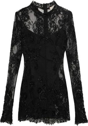Blumarine Geborduurde Midi Jurk met Kant Overlay - Dames - Feestkleedjes - Zwart - 2XS - Leer - Kleedjes
