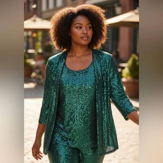 Alex Evenings Sequin Top And Jacket Set - Plus In Green