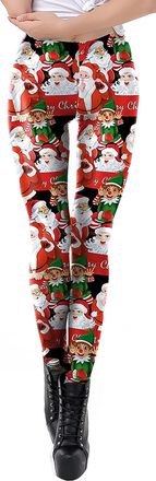 Feoya Womens Christmas Costumes Print Stretchy Leggings Xmas Funny Tights Santa Striped Leggings Yoga Skinny Pants Festival Trousers Workout Running Pilates