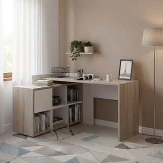 Dmora Dmora Bureau DAngle Avec &Eacute;tag&egrave;re &Agrave; Six Compartiments, Coloris Ch&ecirc;ne Et Blanc, 140 X 80 X 120 Cm