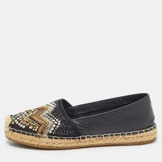 Le Silla Black Leather And Embellished Suede Espadrille Flats