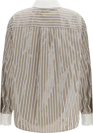 Brunello Cucinelli Womens Dazzling Stripes Cotton Shirt Beige-Riga Nera-Bianco Beige/riga Nera/bianco