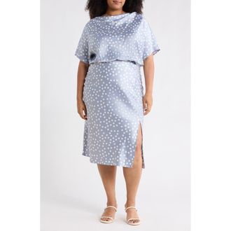 Renee C Polka Dot Short Sleeve Satin Midi Dress in Steel Blue at Nordstrom Rack, Size 1X