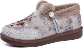 Generic Womens Winter Embroidered Slip-On Slippers Boots Fleece Lined Shoes Floral Design Cozy House Shoes Gift For Mom(Gray,3.5 UK)