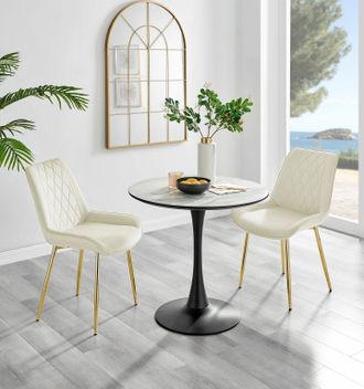Furniturebox Elina White Marble Effect Scratch Resistant Dining Table & 2 Pesaro Gold Leg Velvet Chairs in Cream