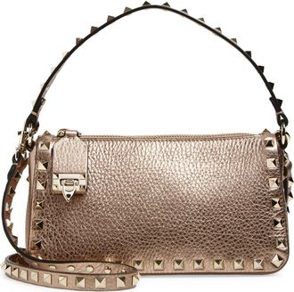 Valentino Garavani Small Rockstud Grained Metallic Leather Shoulder Bag in Rose at Nordstrom